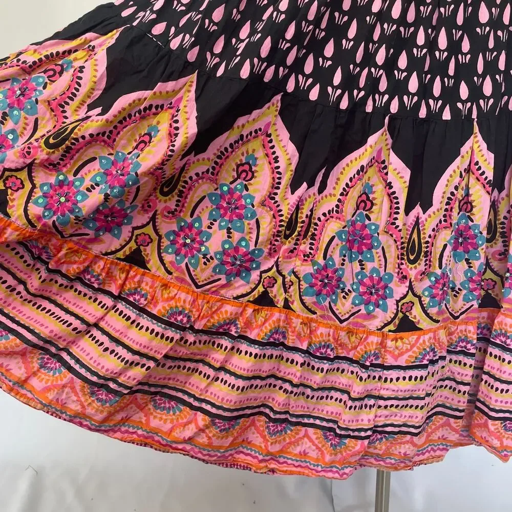 Soft Surroundings Midi Skirt Small Petite PS Pink Tiered Broomstick Boho Hippie